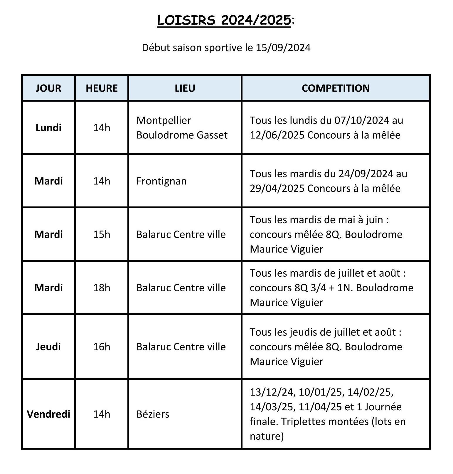 Calendrier Loisirs 2024/2025